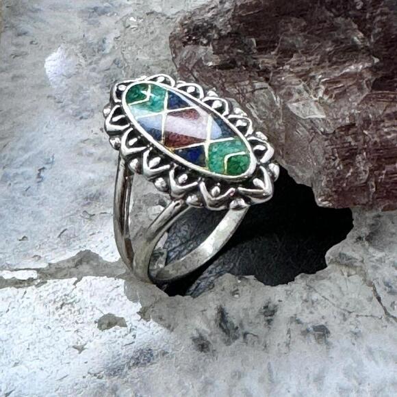 Carolyn Pollack Sterling Elongated Oval Multistone Chip Inlay Ring For Women - Picture 3 of 10